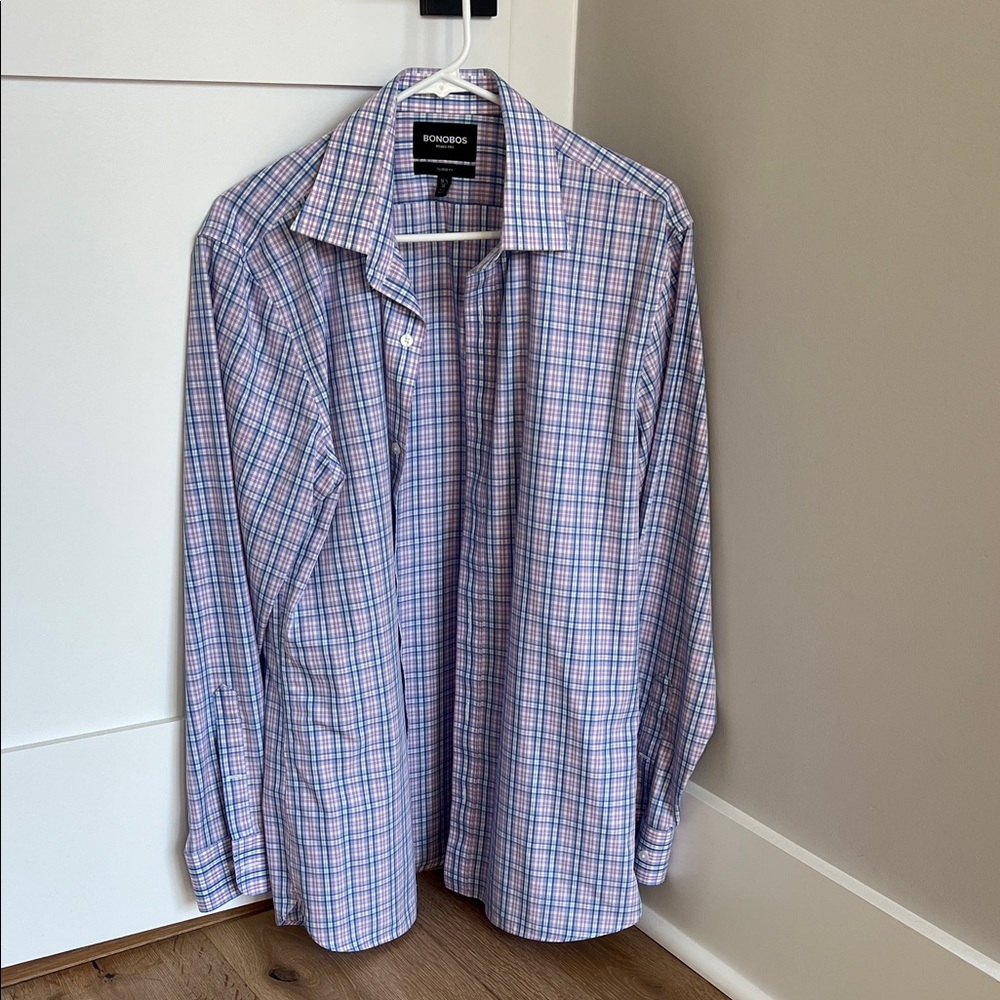 BONOBOS Men's Plaid Shirt Tailored Fit Purple Blue Wrinkle Free